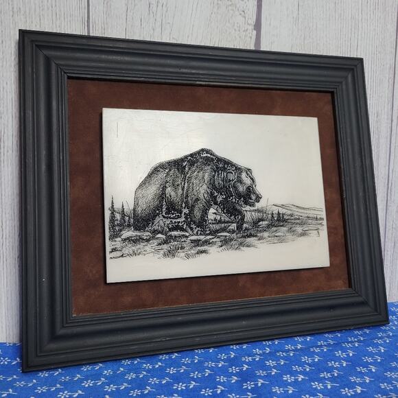 Vintage Framed Bear Etching on Tile, 6x8.5 - Picture 2 of 6